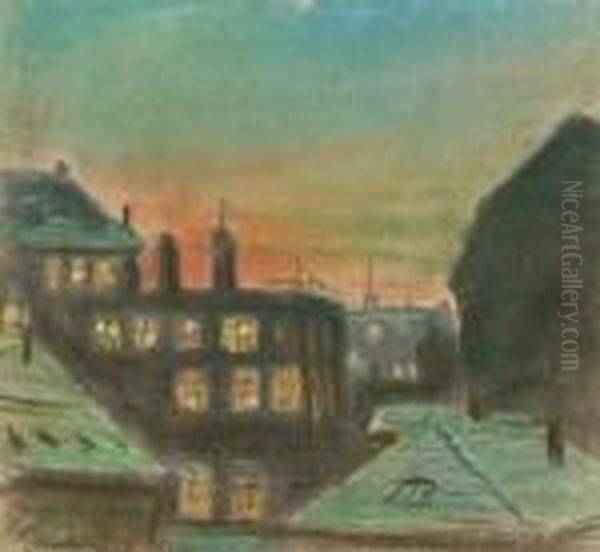 Uber Den Dachern Der Stadt Bei 
Dammerung. Farbiges Pastell Auf Karton. 28 X 31 Cm. Links Unten 
Monogrammiert, Ruckseitig Mit Nachlasstempel. Oil Painting by Constantin Von Mitschke Collande