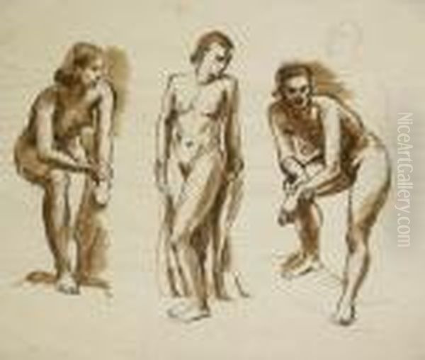 Drei Weibliche Akte, Figurenstudien Oil Painting by Constantin Von Mitschke Collande