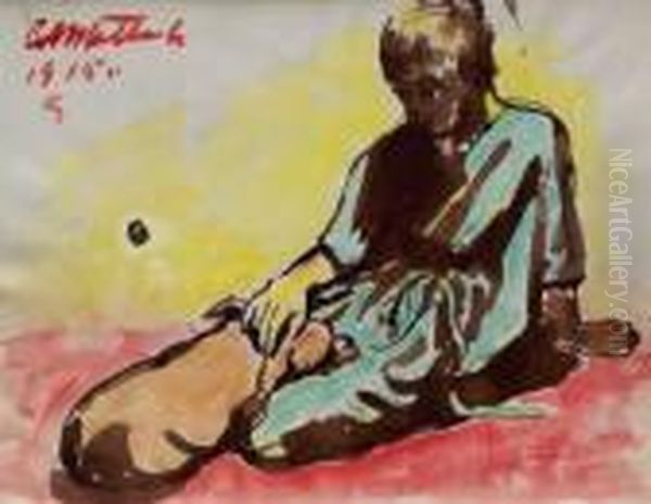 Junge Mit Schlafendem Hund Oil Painting by Constantin Von Mitschke Collande