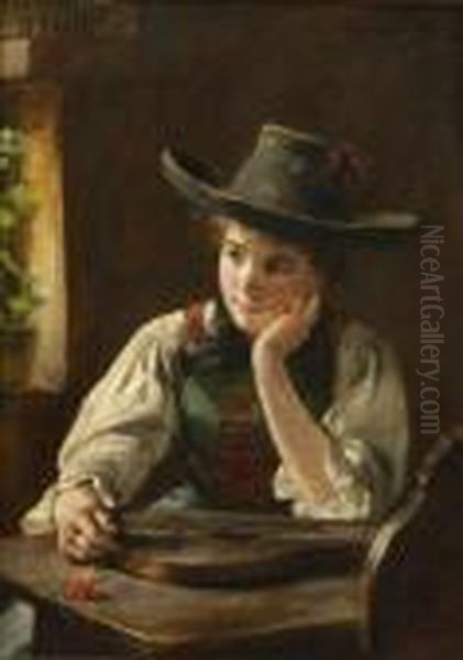 Junge Zitherspielerin Am
 Fenster. Oil Painting by Emma Von Muller