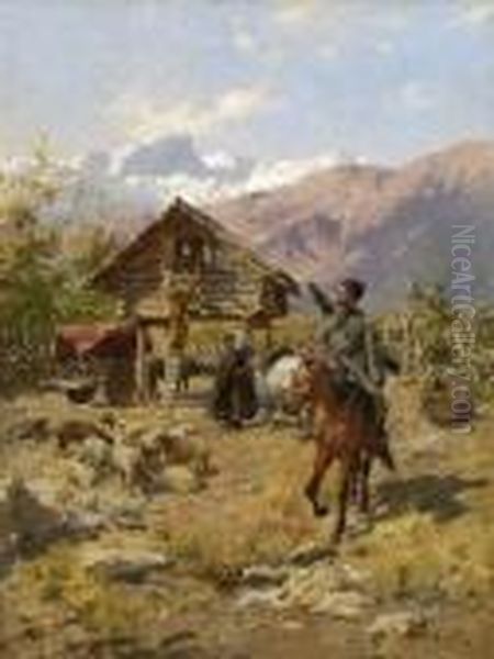 Kaukasische Reiter Und
 Bauern Oil Painting by Rudolf Otto Von Ottenfeld