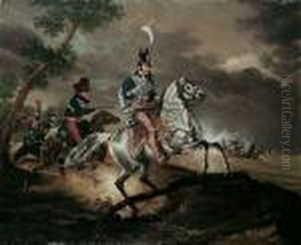 Reiterbild Aus Dem Russischen Feldzug. Offizier In Husarenuniform.. Oil Painting by Ludwig Ferdinand Von Rayski