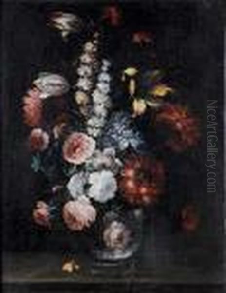 Roses, Tulips, Chrysanthemums 
And Otherflowers In A Glass Vase On A Table Top; And Convolvulus, 
Roses,delphiniums And Other Flowers In A Glass Vase On A Table Top Oil Painting by Frans Werner Von Tamm