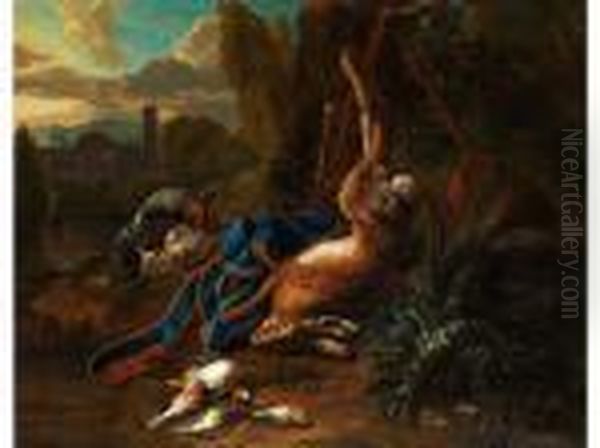 Jagdstilleben Mit Erlegtem 
Feldhasenneben Blauem Jagdbeutel Mit Gurtel, Schnepfen Und Vogeln 
Inlandschaft Oil Painting by Frans Werner Von Tamm