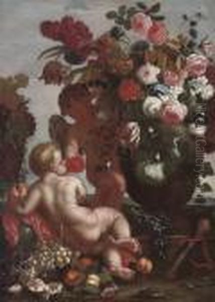 Roses, Chrysanthemums, 
Convolvulus And Other Flowers In An Urn, Peaches, Figs, Grapes And Other
 Fruit, With Putti Oil Painting by Frans Werner Von Tamm
