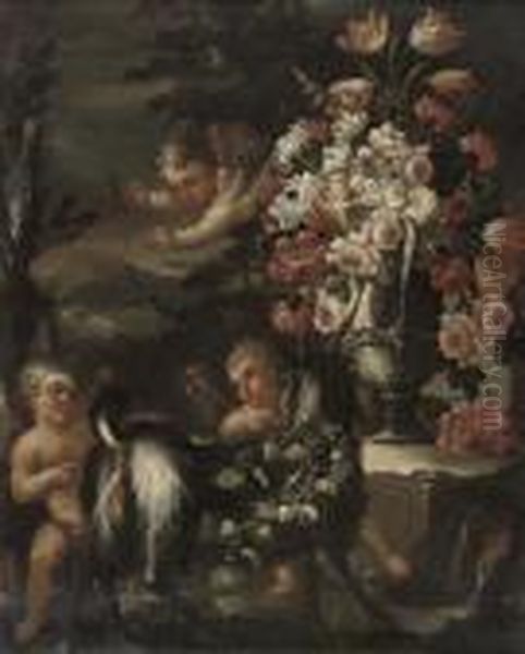 Putti Disporting With A Goat, By
 An Urn Of Chrysanthemums, Roses, Parrot Tulips And Other Flowers, In A 
Landscape Oil Painting by Frans Werner Von Tamm