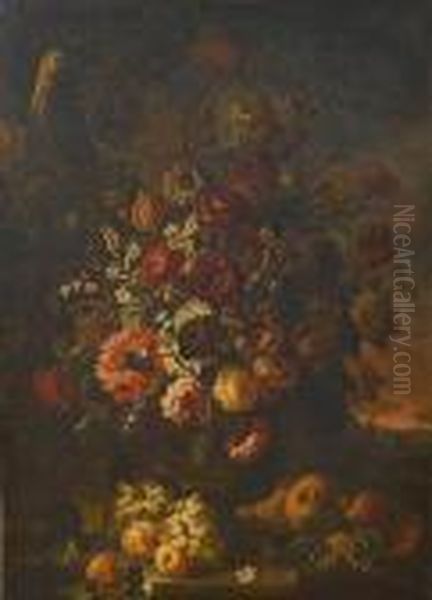 Tulips, Carnations, Morning 
Glory, Chrysanthemums And Other Flowers In A Bronze Urn On A Stone Ledge
 With A Basket Of Grapes, Peaches And A Melon With A Parrot And A Rabbit
 Nearby; Roses, Tulips, Chrysanthemums, Jasmine And Other Flowers In A 
Bron Oil Painting by Frans Werner Von Tamm