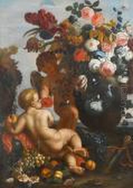 Putti With Flowers And Fruit 
Beside An Urn With Carnations, Asters, Morning Glory, Roses And Other 
Flowers, With Grapes, Figs, Plums And A Quiver Oil Painting by Frans Werner Von Tamm