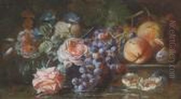Grapes On The Vine, Figs, 
Peaches, Roses And Morning Glory Resting On A Stone Ledge Before A Pool 
Of Water Oil Painting by Frans Werner Von Tamm
