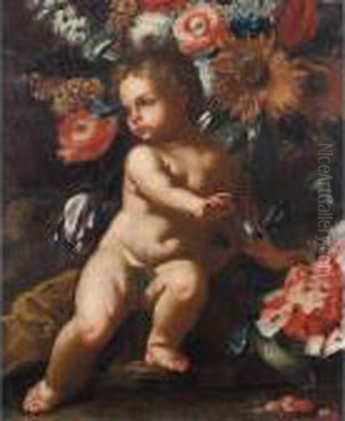 Still Life With A Putto Beside A
 Watermelon, Beneath A Sunflower, Convolvulus, Tulips And Other Flowers Oil Painting by Frans Werner Von Tamm