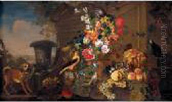 Still Life With An African Grey 
Parrot, A Chaffinch And Another Bird, Together With Flowers In A Bronze 
Urn And Grapes, Apples, A Melon And Other Fruit Together In A Landscape Oil Painting by Frans Werner Von Tamm