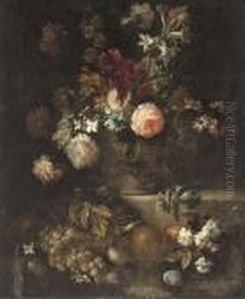 Roses, Narcissi, Morning Glory 
And Other Flowers In A Vase On Aledge With Grapes, Plums And Oranges 
Beneath Oil Painting by Frans Werner Von Tamm