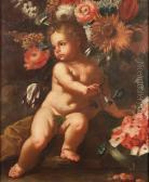 A Putto Beside A Watermelon, 
Beneath A Sunflower, Convolvulus, Tulips And Other Flowers, A Fragment Oil Painting by Frans Werner Von Tamm