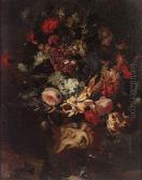 Peonies, Chrysanthemums, Roses, 
Narcissi And Other Flowers In A Sculpted Urn With Morning Glory And 
Grapes On A Ledge Oil Painting by Frans Werner Von Tamm