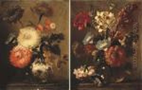 Mixed Flowers In A Glass Vase On
 A Stone Ledge; And Mixed Flowers In A Glass Vase On A Stone Ledge Oil Painting by Frans Werner Von Tamm