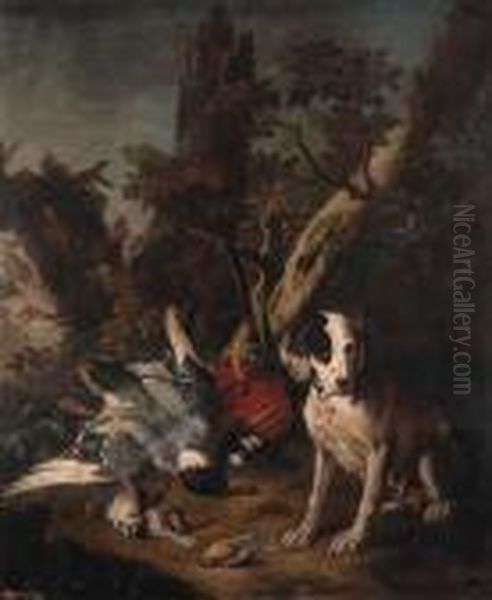 A Pointer, A Mallard, A 
Woodpecker, And Other Dead Game With A Hunting Bag In A Wooded Landscape Oil Painting by Frans Werner Von Tamm