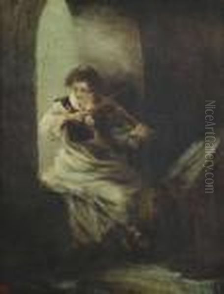 A Fiddling Monk. 
Oil/canvas/cardboard, Monogrammed, Verso On The Cardboard Two Old 
Attributions To Uhde In Handwriting By Marie-luise Von Criegern And 
Franz Furstmann Oil Painting by Fritz von Uhde