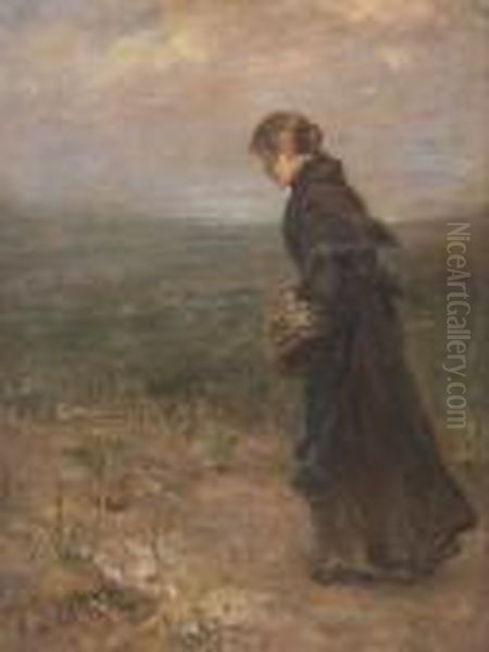 Junge Bauerin Auf Dem Weg In
 Hugeligem Gelande. Oil Painting by Fritz von Uhde