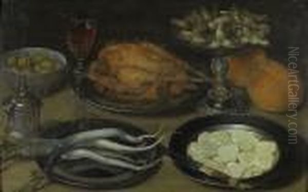 Nature Morte Aux Victuailles Et Pieces D'orfevrerie. Oil Painting by Gotthardt von Wedig