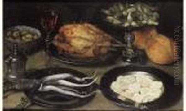 Nature Morte Aux Victuailles Et Pieces D'orfevrerie Oil Painting by Gotthardt von Wedig