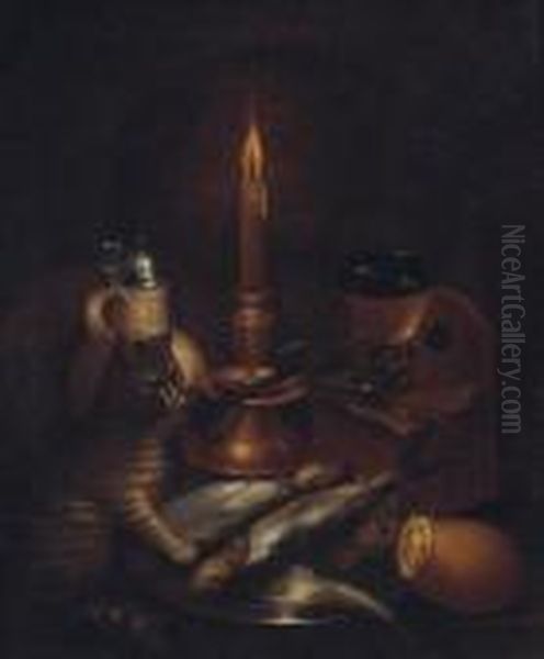 A Cat Pawing Fish On A Pewter Plate By A Stoneware Ewer, A Knife, Aroemer And A Candle Oil Painting by Gotthardt von Wedig