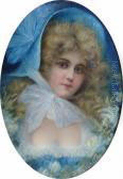 A Lady Wearing A Blue Bonnet And Surrounded By Flowers Oil Painting by Raimund, Ritter Von Wichera