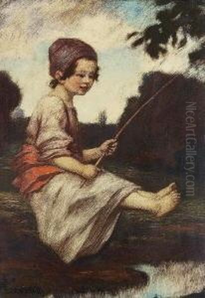 Kleines Madchen Beim
 Angeln Oil Painting by Ludwig Von Zumbusch