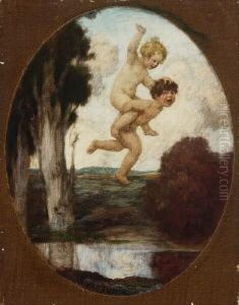 Spielende Kinder Am
 Teich. Oil Painting by Ludwig Von Zumbusch