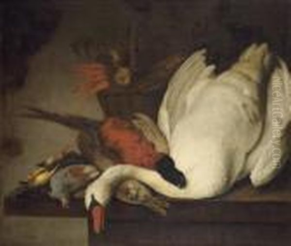 A Dead Swan, Pheasant, Rabbit, 
Grouse, Finches And A Basket Of Carrots And Onions On A Stone Table Oil Painting by Elias Vonck