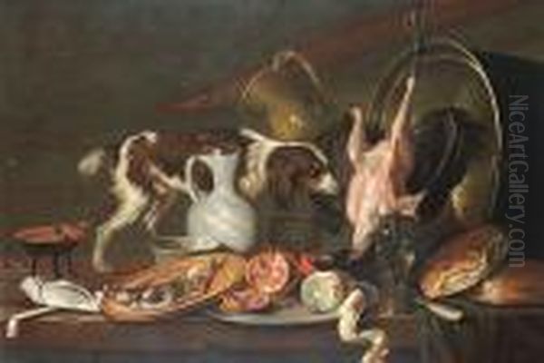 A Tabletop With A Spaniel, A 
Hanging Chicken, A Dish With Herring, A Pommegranate And A Peeled Lemon 
On A Salver, A Roemer, Bread And A Jug, Copper Pot And A Brazier Oil Painting by Elias Vonck
