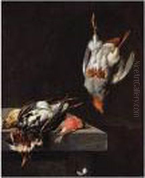 Still Life With A Ruff, 
Bullfinch, And A Pippit On A Ledge, And A Partridge Hanging From A Nail Oil Painting by Jacobes Vonck