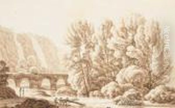 Les Chutes D'eau De La Villa De 
Mecene A Tivoli, Trois Personnagestirant Un Tronc D'arbre Au Premier 
Plan Oil Painting by Hendrik Voogd