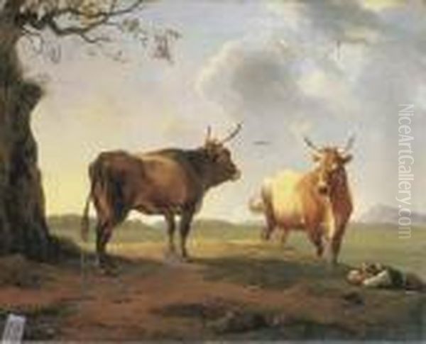 An Extensive Italianate 
Landscape At Dusk With A Shepherd Sleeping Beside A Bull And A Cow Oil Painting by Hendrik Voogd