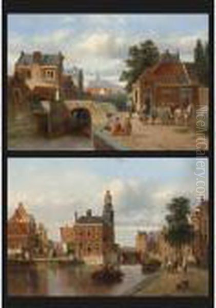 A View Of Haarlem, The St. Bavo 
In The Distance; A View Of The Munttoren, Amsterdam (a Pair) Oil Painting by Jacobus Adrianus Vrolijk