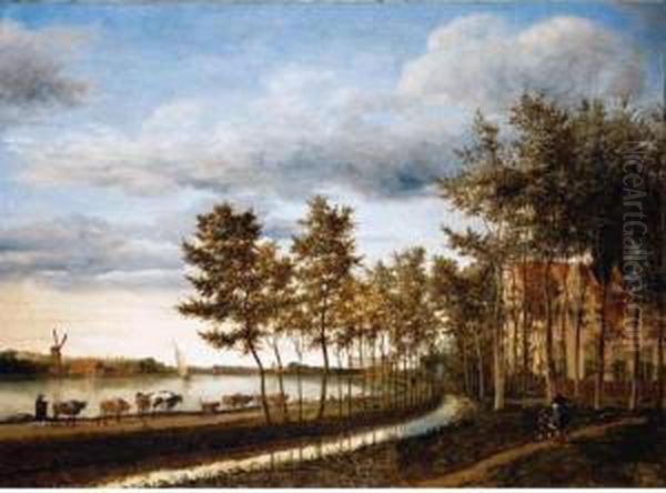 Drovers With Their Animals 
Walking On A Path Along The Spaarne, The City Of Haarlem In The Distance Oil Painting by Cornelis Hendricksz. The Younger Vroom