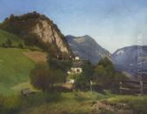 Gebirgslandschaft Mit
 Bauernhaus. Oil Painting by Adalbert Waagen