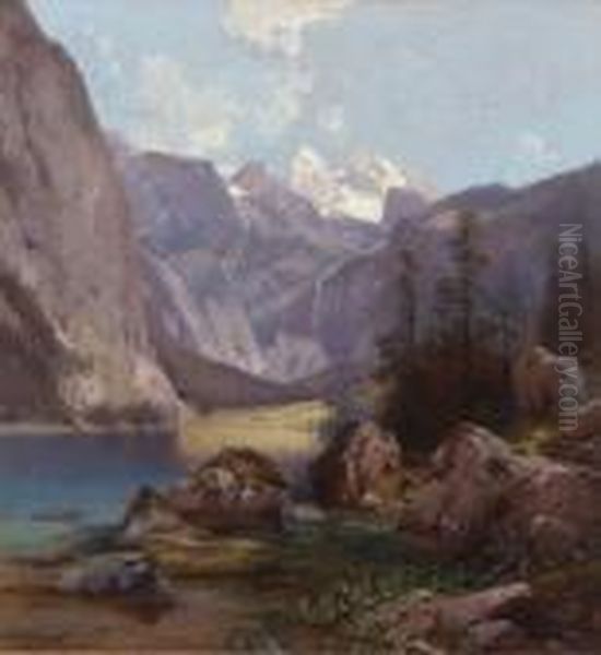 Der Obersee Bei Berchtesgaden Mit
 Blick Auf Die Teufelshorner. Oil Painting by Adalbert Waagen