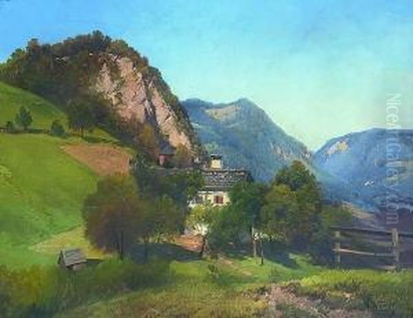 Bauernhaus Im Gebirgstal Oil Painting by Adalbert Waagen