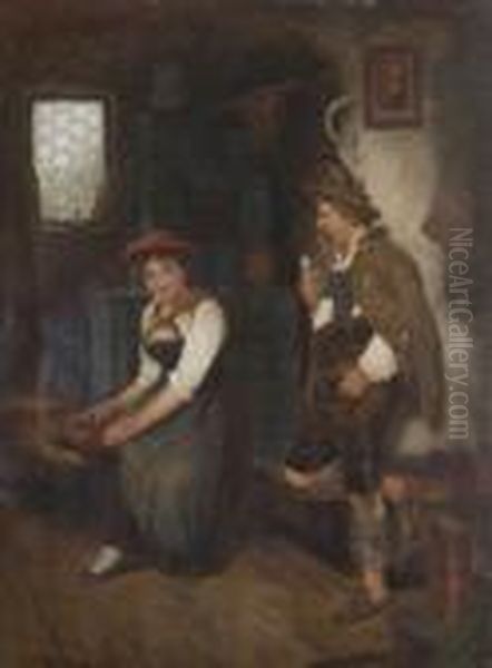Zitherspielerin Und
 Pfeiferauchender Bursche In Der Stube. Oil Painting by Maximilian Wachsmuth