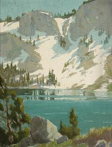Snowy Slope By Water's Edge, 
Sierra Nevada;snow-covered Peaks And Pines Beside A Lake, Sierra Nevada Oil Painting by Elmer Wachtel
