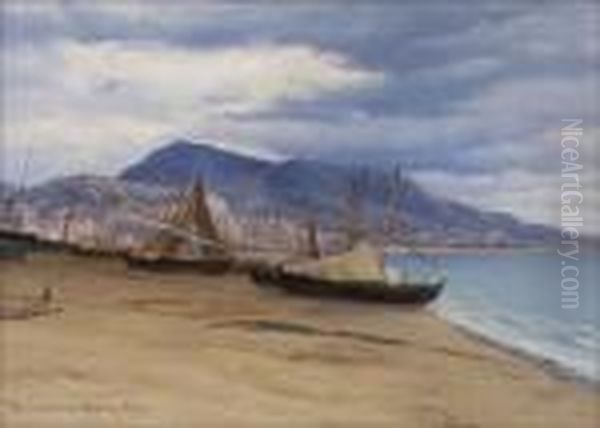 Kalastaja-aluksia Rannalla. Oil Painting by Torsten Waenerberg