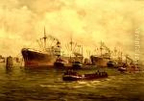 Havengezicht. Gesigneerd Oil Painting by Pieter Johannes Al. Wagemans