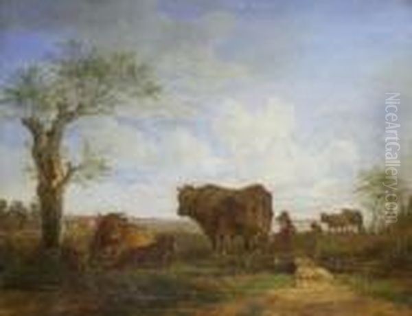 Hirte Mit Rinderherde In
 Flachlandschaft Oil Painting by Max Joseph Wagenbauer