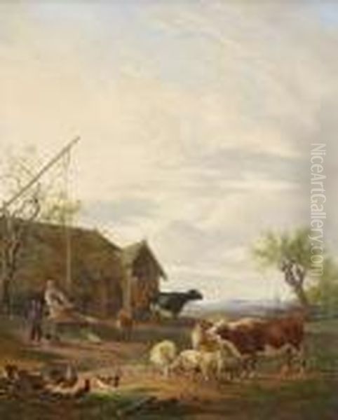 Stallaustrieb Mit Bauerin Am
 Brunnen Oil Painting by Max Joseph Wagenbauer