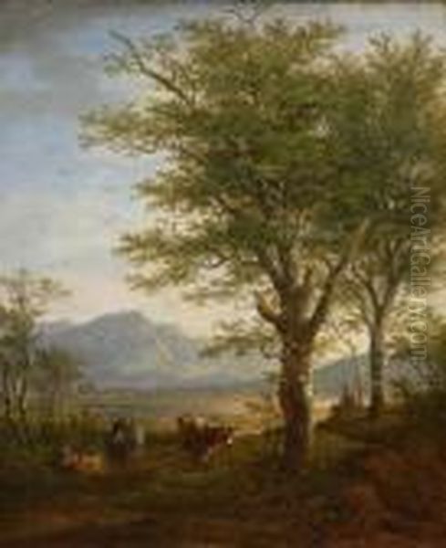 Hirte Mit Zwei Kuhen Und Einer
 Ziege Oil Painting by Max Joseph Wagenbauer