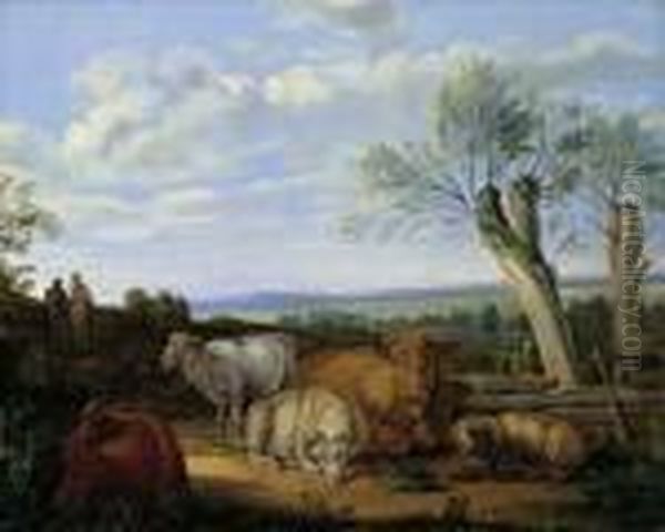 Zugeschrieben Zwei 
Voralpenlandschaften Mit Hirten- Und Viehstaffage. Ol Auf Leinwand . H 
Je 25; B Je 31 Cm. Literatur : B. Heine, Max Joseph Wagenbauer Oil Painting by Max Joseph Wagenbauer