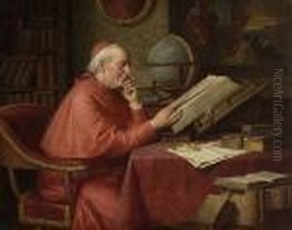 Kardinal Beim Studium In Der
 Bibliothek. Oil Painting by Josef Wagner-Hohenberg