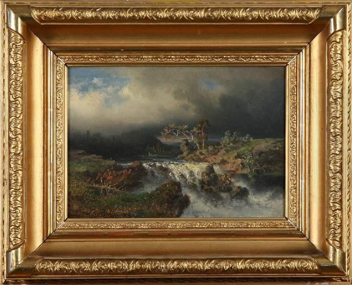 Dramatiskt Landskap Med Fors, 
Otydligt Signerad Och Daterad Wahlberg 59, Oja Pa Panna, 19x27 Oil Painting by Alfred Wahlberg