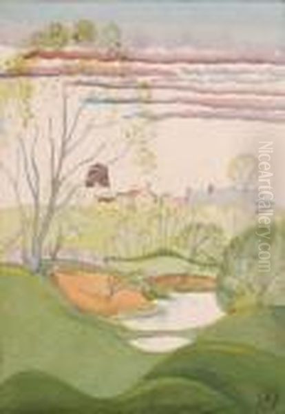 Rural Valley In Spring Time With Distant Farm Buildings Oil Painting by Albert Wainwright