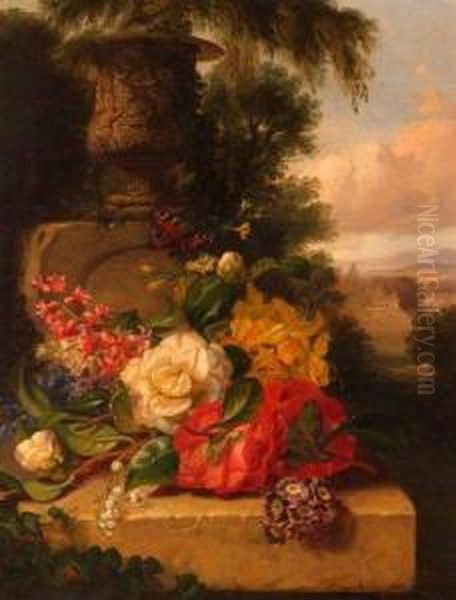 Still
Life Study Of Mixed Flowers And Butterfly On Marble Ledge Oil Painting by John Wainwright